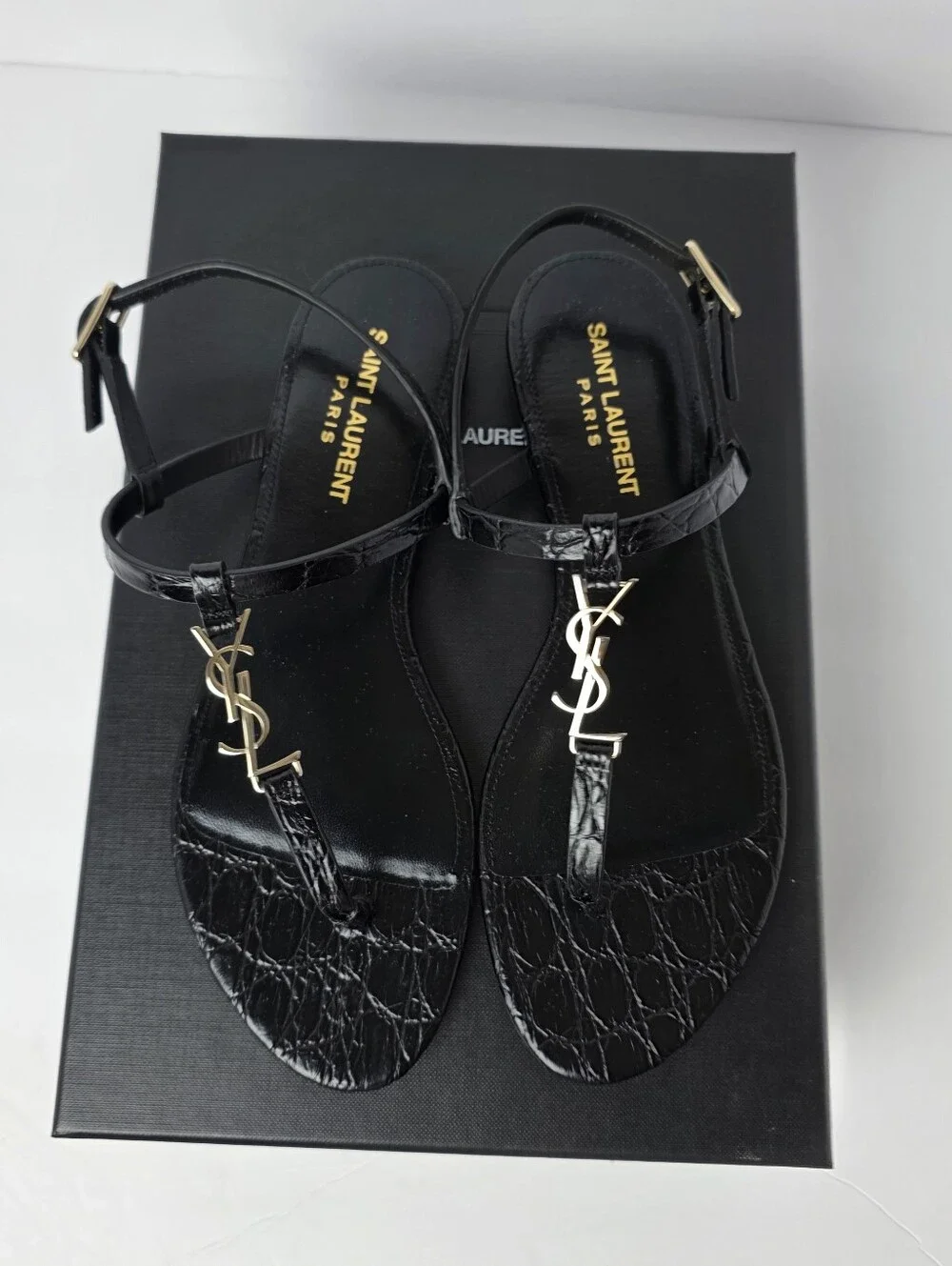 Saint Laurent Cassandra Embossed Croc Flat Sandals Black Size 6.5